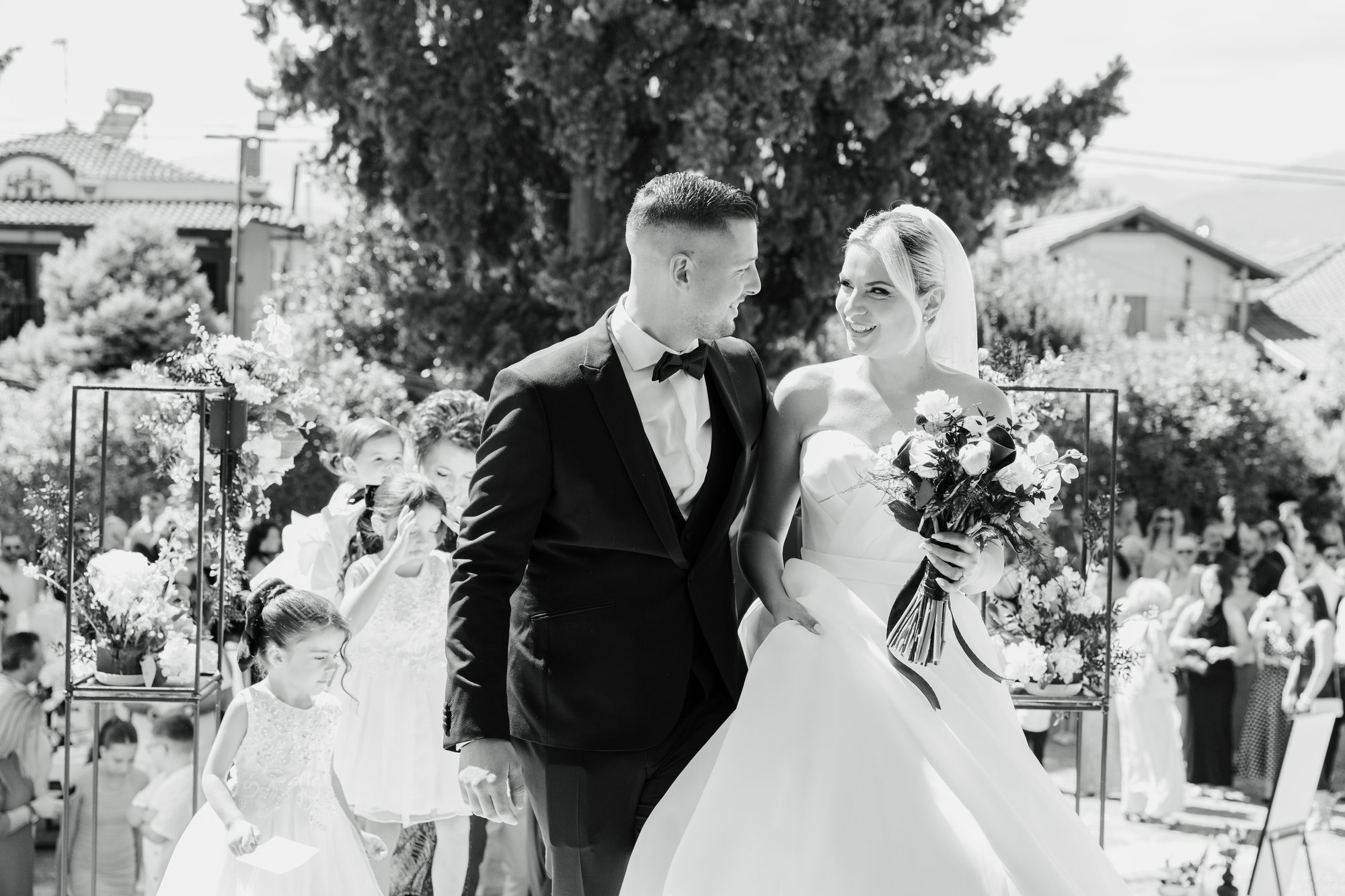 Bride and groom walking together after the ceremony